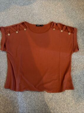 Cutout Shoulder Knit Top in Rust by Cure